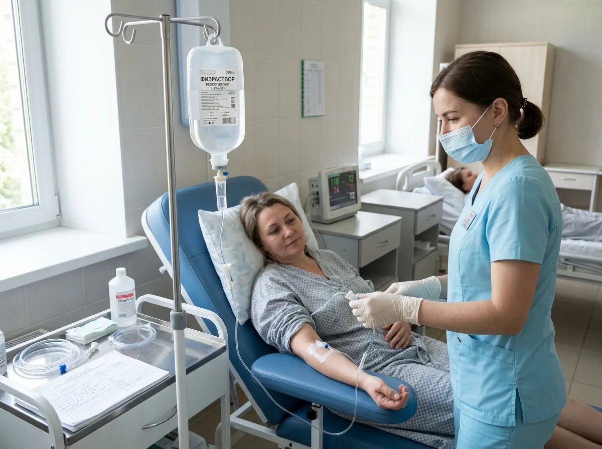Медицинская капельница с прозрачным раствором в светлой процедурной комнате клиники, детоксикация пациента от алкоголя