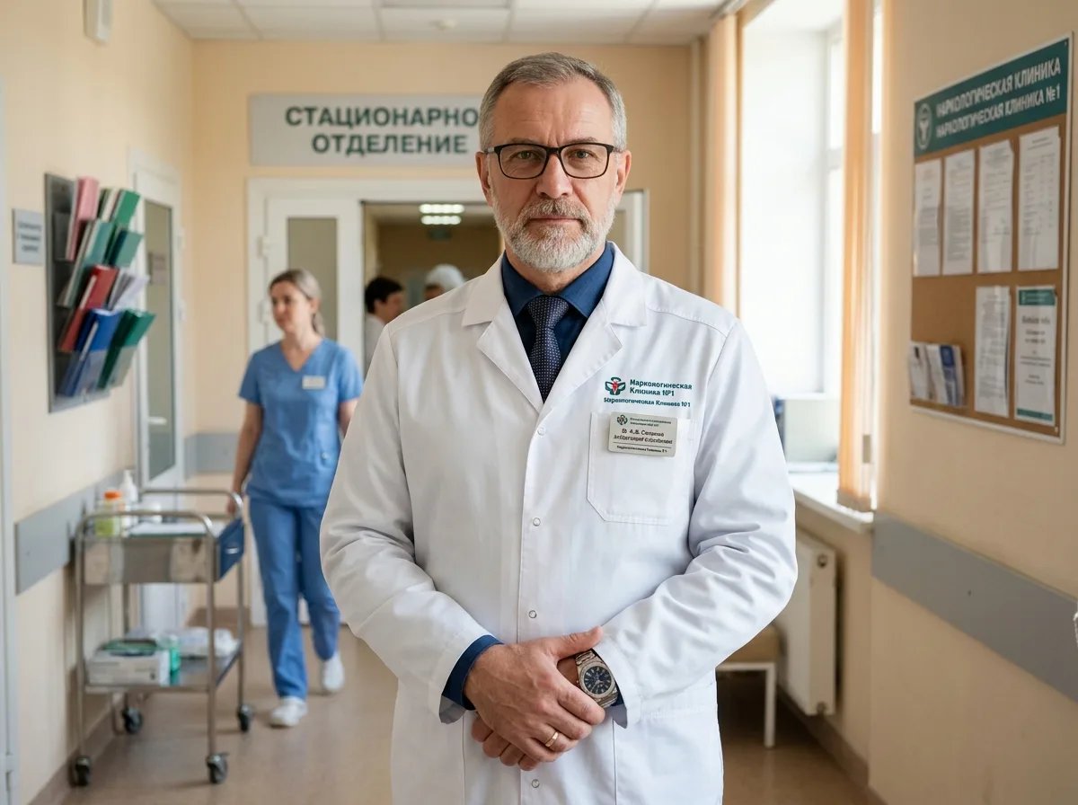 Портрет заведующего стационарным отделением наркологической клиники — мужчина в белом халате, серьёзный профессиональный облик
